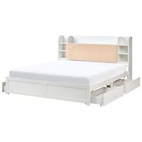 cama con somier 180 x 200 cm de madera de pino mdf minimalista con almacenaje 4 cajones y estantes cabecero de boucle beige blanco bizou