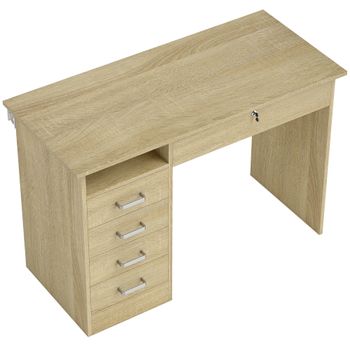HOMCOM Escritorio moderno con 5 cajones, gran superficie, 1 compartimento abierto, cajón con cerradura, 110 x 50 x 76 cm, roble   Aosom España
