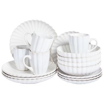 Conjunto De 16 Piezas Vajilla De Gres Caolín Artesanal Acabado Esmalte Reactivo Blanco Crema Nettle