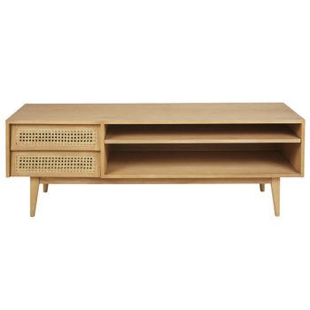 Mueble TV de 2 cajones con rejilla de mimbre y pino 130 cm