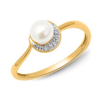14 quilates anillo de oro amarillo perla 3 diamantes 0,014 ct.