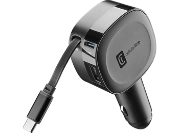 Cargador coche - Cellularline Roll, 30 W, Carga rápida, Retráctil, USB C, USB, Universal, Negro