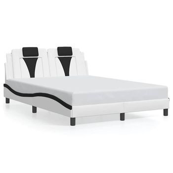 Cama Doble | Cama Para Adultos | Estructura Cama Cabecero Cuero Sintético Blanco Negro 140x200cm