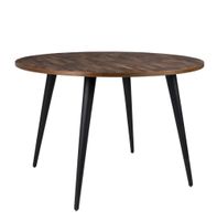 mesa redonda de madera reciclada y acero negro