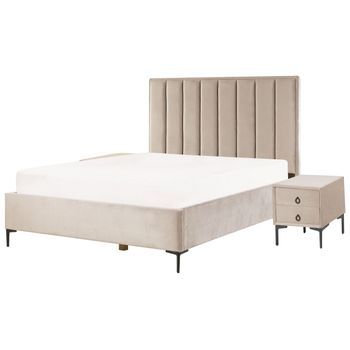 Conjunto De Dormitorio Moderno Cama 160 X 200 Cm Dos Mesitas De Noche Tapizado Terciopelo Gris Pardo Sezanne