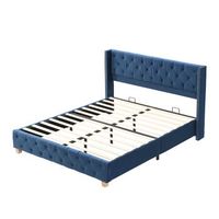 cama azul 160 x 200 cm de terciopelo con capitone remaches y 12 lamas