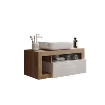 Mueble De Baño Suspendido Con Lavabo Y Cajón, Longitud 79cm, Colección Bura, En Colores Blanco Brillante Y Roble Claro.