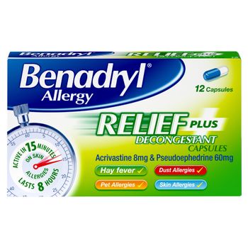 Benadryl Allergy Relief Plus Decongestant - 12 Capsules