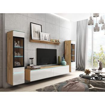 Conjunto De Muebles De Salón Vera Ii, Juego De Muebles De Salón, Mueble De Televisión, Sin Iluminación Led, Color Wotan/blanco Brillo