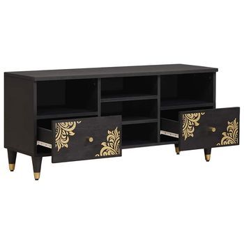 Mueble De Tv | Mueble De Salón | Gabinete De Tv Negro 100 X 33 X 46 Cm Madera De Mango Maciza