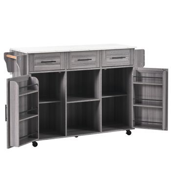 Carrito De Cocina Con Ruedas, Isla De Cocina Gris Con Encimera Plegable Y 3 Cajones, 139x71x91.5 Cm, Mdf, Gris Y Blanco