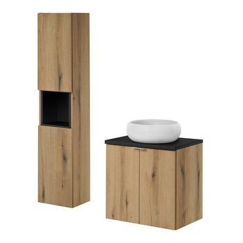 Set De Muebles De Baño Newport Con Lavabo 60x57x39 Cm - Efecto Roble/negro [en.casa]