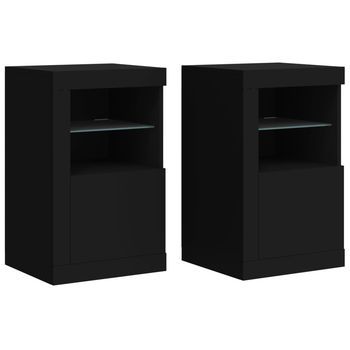 Juego De 2 Mesitas De Noche - Mesillas Con Luces Led Madera Ingeniería Negra Mc6221
