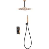 kit de ducha empotrado oro rosa en acero y laton con cartucho monocomando y brazo de techo
