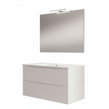 Kibath Mueble De Baño Con Lavabo, Espejo Y Aplique Led Boreal 100x45 Cm Acabado Blanco Mate 2 Cajones Suspendido