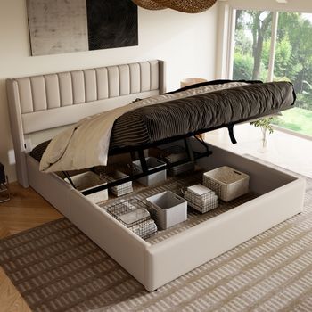 Cama Con Cajones De 140x200 Cm, Color Lino Beige, Sistema Hidráulico, Somier De Láminas De Madera, Cabecero Acolchado,amplio Espacio De Almacenamiento