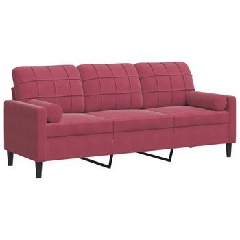 Sofá De 3 Plazas | Sofá De Salón | Sofá De Descanso Con Cojines Terciopelo Rojo Tinto 180 Cm