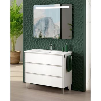 Mueble De Baño Al Suelo Con Lavabo Cerámico De Fondo Reducido | Guías Hettich  | 70-80cm | 70 Cm - Blanco Brillo - Cromo Brillo