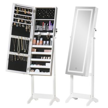 HOMCOM Espejo Joyero de Pie Armario de Joyería con Tira de Luces y Cerradura Magnética Organizador de Joyas con Estantes Blanco   Aosom España