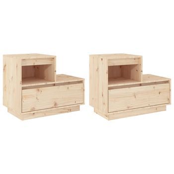 Pack 2 Uds Mesitas De Noche | Mesa Auxiliar | Mesilla Madera Maciza De Pino 60x34x51 Cm