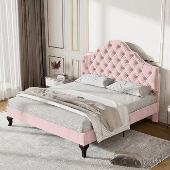 Cama Tapizada 140x200 Con Somier De Lamas Y Cabecero Ajustable, Terciopelo Rosa, Para Adultos Y Adolescentes