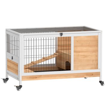PawHut Jaula de Conejos Conejera para Mascotas Pequeñas con Techo Abrible y Bandeja Extraíble 90x53x59 cm Natural