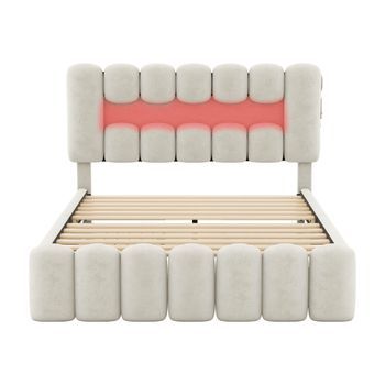 Cama Tapizada En Terciopelo 160x200cm 4 Cajones + Led + Puertos De Carga + Lector Beige