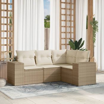 Conjunto De Sofás Jardín Con Cojines 4 Uds | Mueble Jardin Mesa Y Sillas Ratán Sintético Beige Cfw753711