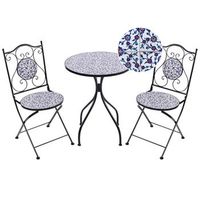 conjunto de balcon jardin exterior metal estilo vintage patron mosaico estructura de hierro negro azul camprena