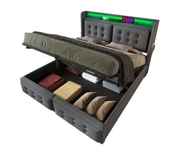 Cama de matrimonio de algodón y lino 140x200cm con almacenaje,luz led,gris