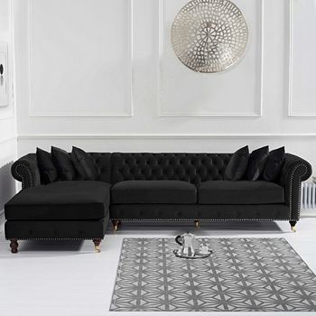 Flora Black Velvet Left Facing Chesterfield Corner Chaise Sofa