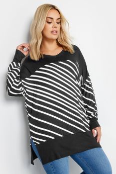 Yours Top Negro Con Rayas Diagonales Blancas, Mujer Curvy Y Tallas Grandes, Yours