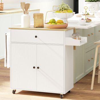 Isla De Cocina Con Ruedas, Encimera Plegable, 106 X 42 X 87 Cm, Blanca