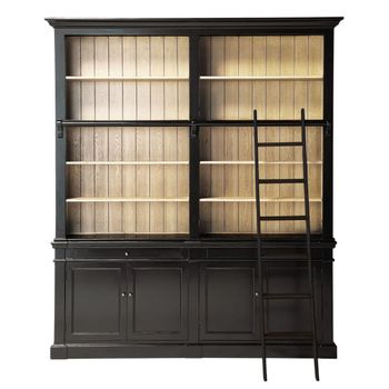 Librería de madera negra con 2 puertas y escalera