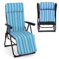 costway tumbona plegable con respaldo 6 posiciones cojin acolchado y apoyabrazos para patio terraza piscina camping carga 150kg azul y blanco