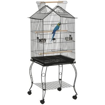 PawHut Jaula de Pájaros con Soporte Ruedas Bandeja Extraíble y Comederos para Canarios Periquitos 50x58x137-145 cm Negro   Aosom España