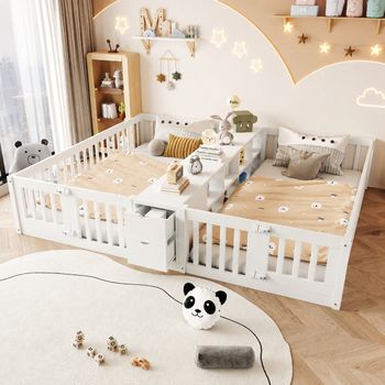 Cama Infantil Blanca De Madera Para Gemelos, 2 Camas De 90 X 200 Cm Y Almacenaje