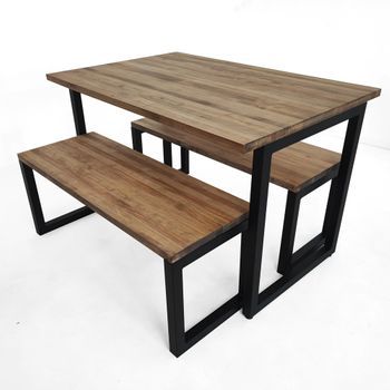 Conjunto Mesa Y Bancos Icub Strong Negro 120x80cm En Madera Maciza De Pino Acabado Vintage Estilo Industrial Box Furniture