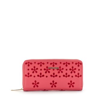 cartera grande redonda con cremallera con efecto napa y bordado san gallo cherry red