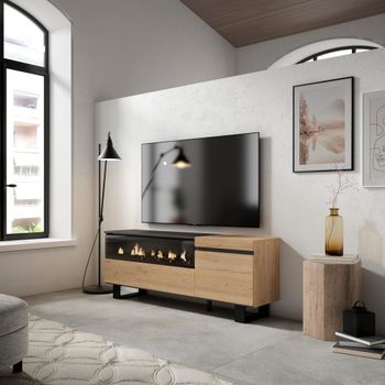Mueble tv efecto madera roble y negro 150x35x57 chimenea efecto fuego