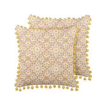 Conjunto De 2 Cojines De Algodón Amarillo Blanco Marrón 45 X 45 Cm Floral Lycrois