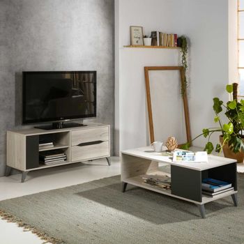 Mueble tv salón color roble/gris, 1 puerta y 2 cajones, 113x40x52 cm