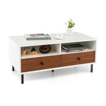 Costway Mesa de Centro de Madera con 2 Cajones 2 Estantes de Almacenamiento Rectangular Multifuncional Fácil Montaje Mesa Auxiliar Blanco