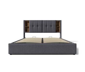 Cama con almacenaje acolchada 160x200 cm - con carga inalámbrica y cabezal de almacenaje - tejido de algodón - gris