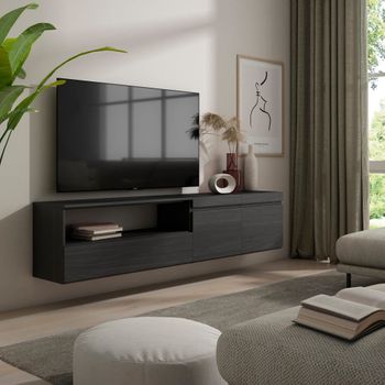 Mueble tv efecto madera negro 200x35x45cm colgado