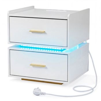 Costway Mesita de Noche con Estación de Carga LED 2 Cajones Almacenamiento Semi-flotante Base Metal para Salón Dormitorio Blanco