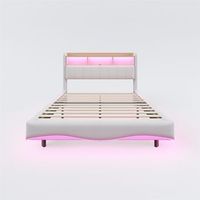 cama de adulto 140x200cm en tejido de lino cabecero con almacenaje con led y enchufes beige