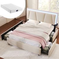 cama tapizada 140 x 200 cm con iluminacion led y 4 cajones - cabecero regulable - tela lino beige  colchon
