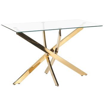 Mesa De Comedor Tablero De Vidrio Templado 120 X 70 Cm Patas Doradas 4 Personas Moderno Maramo