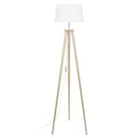 lampara de pie tripode madera natural pantalla crudo
